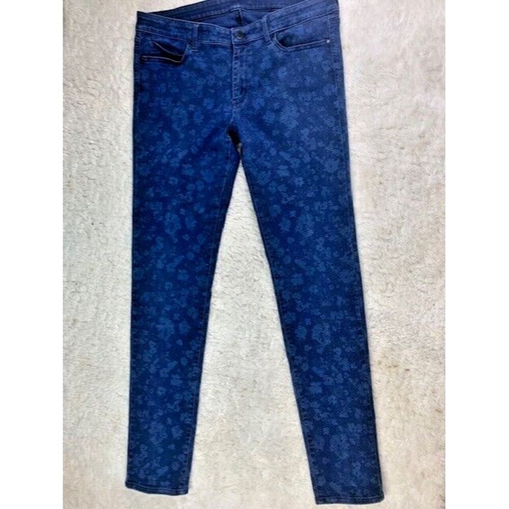 Uniqlo Size 32x33 Womens Jeans Skinny Tapered Mid Rise Ultra Stretch Blue Floral